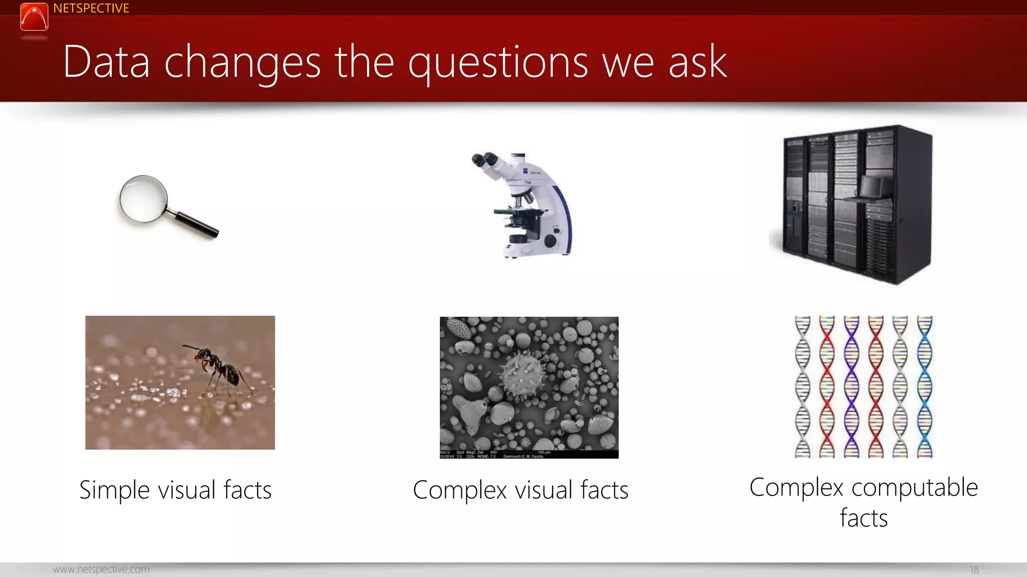 NETSPECTIVE

Data changes the questions we ask

Simple visual facts
www.netspective.com

Complex visual facts

Complex computable
facts
18

 
