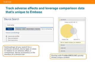 | 11
Track adverse effects and leverage comparison data
that’s unique to Embase
Subheadings let you search for a
particula...