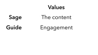 Values
The content
Engagement
Sage
Guide
 