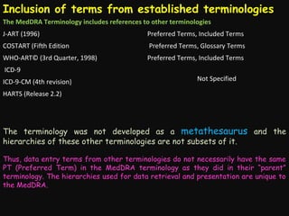 Inclusion of terms from established terminologies
The MedDRA Terminology includes references to other terminologies
J-ART (1996)

Preferred Terms, Included Terms

COSTART (Fifth Edition

 Preferred Terms, Glossary Terms

WHO-ART© (3rd Quarter, 1998) 

Preferred Terms, Included Terms

 ICD-9
ICD-9-CM (4th revision)

Not Specified

HARTS (Release 2.2)

The terminology was not developed as a metathesaurus and the
hierarchies of these other terminologies are not subsets of it.
Thus, data entry terms from other terminologies do not necessarily have the same
PT (Preferred Term) in the MedDRA terminology as they did in their “parent”
terminology. The hierarchies used for data retrieval and presentation are unique to
the MedDRA.

 