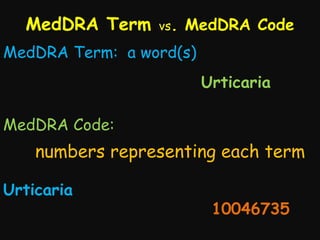 MedDRA Term

vs.

MedDRA Code

MedDRA Term: a word(s)
Urticaria
MedDRA Code:

numbers representing each term
Urticaria

10046735

 