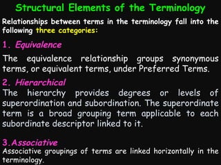Structural Elements of the Terminology
Relationships between terms in the terminology fall into the
following three categories:

1. Equivalence
The equivalence relationship groups synonymous
terms, or equivalent terms, under Preferred Terms.
2. Hierarchical
The hierarchy provides degrees or levels of
superordination and subordination. The superordinate
term is a broad grouping term applicable to each
subordinate descriptor linked to it.
3.Associative

Associative groupings of terms are linked horizontally in the
terminology.

 