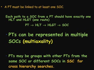• A PT must be linked to at least one SOC.
Each path to a SOC from a PT should have exactly one
HLT and HLGT (one route)
PT → HLT → HLGT → SOC

• PTs can be represented in multiple
SOCs (multiaxality)
• PTs may be groups with other PTs from the
same SOC or different SOCs in SSC for
cross hierarchy searches.

 