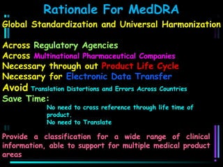 Rationale For MedDRA
Global Standardization and Universal Harmonization
Across Regulatory Agencies
Across Multinational Pharmaceutical Companies
Necessary through out Product Life Cycle
Necessary for Electronic Data Transfer

Avoid Translation Distortions and Errors Across Countries
Save Time:

No need to cross reference through life time of
product.
No need to Translate

Provide a classification for a wide range of clinical
information, able to support for multiple medical product
areas

 