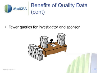 Benefits of Quality Data
(cont)
• Fewer queries for investigator and sponsor
MSSO-DI-6225-19.0.0 35
 