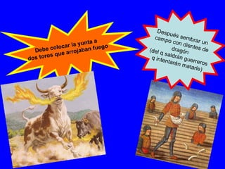 Debe colocar la yunta a  dos toros que arrojaban fuego Después sembrar un  campo con dientes de dragón (del q saldrán guerreros q intentarán matarle) 