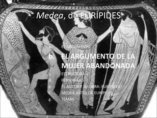 Medea, de EURÍPIDES
a. EL ARGUMENTO
b. EL ARGUMENTO DE LA
MUJER ABANDONADA
c. ESTRUCTURA
d. PERSONAJES
e. EL AUTOR Y SU OBRA: EURÍPIDES
f. MEDEA ANTES DE EURÍPIDES
g. TEMAS
 