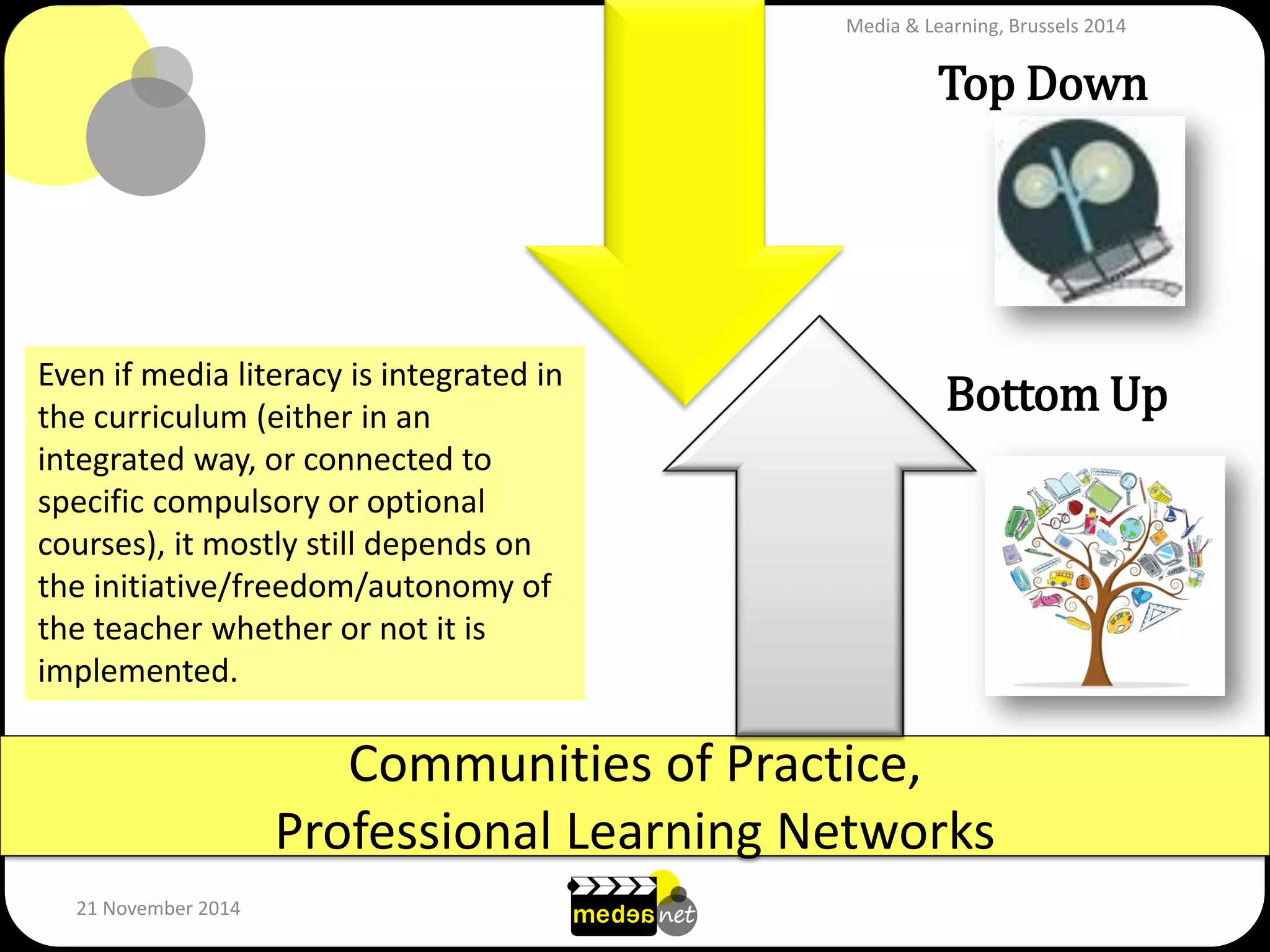 Communities of Practice, Professional Learning Networks 
Top Down 
Bottom Up 
Even if media literacy is integrated in the curriculum (either in an integrated way, or connected to specific compulsory or optional courses), it mostly still depends on the initiative/freedom/autonomy of the teacher whether or not it is implemented. 
21 November 2014 
Media & Learning, Brussels 2014  