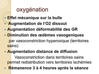 oxygénation









Effet mécanique sur la bulle
Augmentation de l’O2 dissout
Augmentation déformabilité des GR
Diminution des œdèmes vasogeniques
par vasoconstriction hyperoxique (territoires
sains)
Augmentation distance de diffusion
Vasoconstriction dans territoires sains
permet redistribution vers territoires ischémies
Rémanence 3 à 4 heures après la séance

 