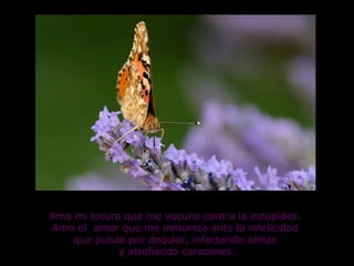 Amo mi locura que me vacuna contra la estupidez.
Amo el amor que me inmuniza ante la infelicidad
    que pulula por doquier, infectando almas
             y atrofiando corazones.
 