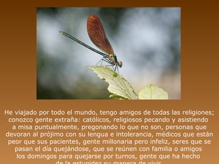 He viajado por todo el mundo, tengo amigos de todas las religiones;
 conozco gente extraña: católicos, religiosos pecando y asistiendo
  a misa puntualmente, pregonando lo que no son, personas que
devoran al prójimo con su lengua e intolerancia, médicos que están
 peor que sus pacientes, gente millonaria pero infeliz, seres que se
   pasan el día quejándose, que se reúnen con familia o amigos
   los domingos para quejarse por turnos, gente que ha hecho
 