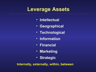 Leverage Assets
• Intellectual
• Geographical
• Technological
• Information
• Financial
• Marketing
• Strategic
Internally...