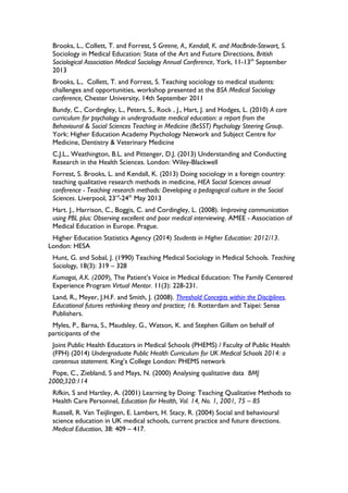Brooks, L., Collett, T. and Forrest, S Greene, A., Kendall, K. and MacBride-Stewart, S.
Sociology in Medical Education: State of the Art and Future Directions, British
Sociological Association Medical Sociology Annual Conference, York, 11-13th
September
2013
Brooks, L., Collett, T. and Forrest, S. Teaching sociology to medical students:
challenges and opportunities, workshop presented at the BSA Medical Sociology
conference, Chester University, 14th September 2011
Bundy, C., Cordingley, L., Peters, S., Rock , J., Hart, J. and Hodges, L. (2010) A core
curriculum for psychology in undergraduate medical education: a report from the
Behavioural & Social Sciences Teaching in Medicine (BeSST) Psychology Steering Group.
York: Higher Education Academy Psychology Network and Subject Centre for
Medicine, Dentistry & Veterinary Medicine
C.J.L., Weathington, B.L. and Pittenger, D.J. (2013) Understanding and Conducting
Research in the Health Sciences. London: Wiley-Blackwell
Forrest, S. Brooks, L. and Kendall, K. (2013) Doing sociology in a foreign country:
teaching qualitative research methods in medicine, HEA Social Sciences annual
conference - Teaching research methods: Developing a pedagogical culture in the Social
Sciences. Liverpool, 23rd
-24th
May 2013
Hart. J., Harrison, C., Boggis, C. and Cordingley, L. (2008). Improving communication
using PBL plus: Observing excellent and poor medical interviewing. AMEE - Association of
Medical Education in Europe. Prague.
Higher Education Statistics Agency (2014) Students in Higher Education: 2012/13.
London: HESA
Hunt, G. and Sobal, J. (1990) Teaching Medical Sociology in Medical Schools. Teaching
Sociology, 18(3): 319 – 328
Kumagai, A.K. (2009), The Patient’s Voice in Medical Education: The Family Centered
Experience Program Virtual Mentor. 11(3): 228-231.
Land, R., Meyer, J.H.F. and Smith, J. (2008). Threshold Concepts within the Disciplines.
Educational futures rethinking theory and practice; 16. Rotterdam and Taipei: Sense
Publishers.
Myles, P., Barna, S., Maudsley, G., Watson, K. and Stephen Gillam on behalf of
participants of the
Joint Public Health Educators in Medical Schools (PHEMS) / Faculty of Public Health
(FPH) (2014) Undergraduate Public Health Curriculum for UK Medical Schools 2014: a
consensus statement. King’s College London: PHEMS network
Pope, C., Ziebland, S and Mays, N. (2000) Analysing qualitative data BMJ
2000;320:114
Rifkin, S and Hartley, A. (2001) Learning by Doing: Teaching Qualitative Methods to
Health Care Personnel, Education for Health, Vol. 14, No. 1, 2001, 75 – 85
Russell, R. Van Teijlingen, E. Lambert, H. Stacy, R. (2004) Social and behavioural
science education in UK medical schools, current practice and future directions.
Medical Education, 38: 409 – 417.
 