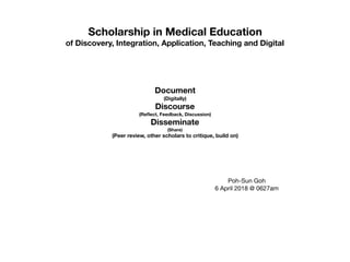 Scholarship in Medical Education
of Discovery, Integration, Application, Teaching and Digital
Document
(Digitally)
Discourse
(Reﬂect, Feedback, Discussion)
Disseminate
(Share)
(Peer review, other scholars to critique, build on)
Poh-Sun Goh

6 April 2018 @ 0627am
 