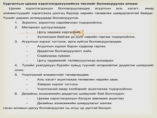 
Сургалтын цахим хэрэглэгдэхүүнийхээ төслийг боловсруулах алхам:
Цахим хэрэглэгдэхүүн боловсруулахдаа агуулгын аль хэсэгт, ямар
элементүүдийг хэрэглэхээ дэлгэц бүрээр нарийн төлөвлөх шаардлагатай байдаг.
Үүнийг дараах алхмуудаар боловсруулна.
1. Зорилго, зорилтоо нарийвчлан тодорхойлох.
2. Материал цуглуулахдаа:
- Цогц чадамж харгалзах.
- Хүлээгдэж байгаа үр дүнг нарийн гаргаж тодорхойлох.
3. Агуулгын хүрээг тогтоож, арга зүйгээ боловсруулахдаа:
- Агуулгын хүрээг бүрэн сэдвээр гаргах.
- Дидактик боловсруулалт хийх.
- Сэдвүүдэд хуваах.
- Цогц чадамжийг төлөвшүүлэхэд анхаарах.
4. Тухайн ухагдахуун бүрийн хувьд түүнийг илэрхийлэх дидактик шийдлийг
олох.
5. Үнэлгээний элементийг төлөвлөхдөө:
- Аль хэсэгт ашиглахаа төлөвлөн нарийн заах.
- Хамрах хүрээг тогтоох.
- Үнэлгээний ямар хэлбэрийг ашиглахаа тодорхойлох.
6. Дизайны зохиомжийн дидактик шийдлийг бий болгохдоо:
- Цахим хэрэглэгдэхүүн бэлдэх зөвлөмж ашиглах
- Дизайны зохиомжийн шаардлагыг хангах
гэсэн алхмын дагуу боловсруулах нь илүү үр дүнтэй болдог.
 