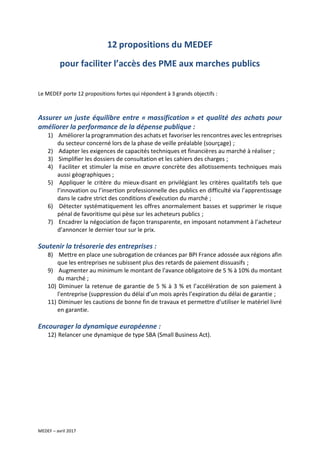 MEDEF – avril 2017
12 propositions du MEDEF
pour faciliter l’accès des PME aux marches publics
Le MEDEF porte 12 propositi...
