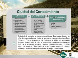 Ciudad del Conocimiento
• 12 Jardines infantiles
• Atención integral a
82.000 niños y niñas.
• Gratuidad para más de
300.000 estudiantes, la
cifra la más alta del país
• Red de educación
técnica y tecnológica
• Acceso a la educación
superior.
• 38.557 millones
entregados en Banco
de las Oportunidades
• 3.025 empleos a través
de Cultura E
• 7.095 Jóvenes con
Futuro
• 255.477 empleos
estrategia Clusters
Ciencia, tecnología
e innovación
Emprendimiento
En Medellín, la educación tiene ya un enfoque integral. Estamos atendiendo a los
niños desde que están en el vientre de sus madres, para garantizarles un Buen
Comienzo. Y los acompañamos, con pertinencia y calidad, en su proceso
formativo. Nuestra meta de cubrir el ciclo completo empezó a cumplirse en el
2010, con un programa que conecta a nuestros jóvenes con el mundo. Y así se
llama: Enlaza-Mundos. No contentos con ello, también llevamos a nuestros
jóvenes por el camino del emprendimiento, la tecnología y la innovación.
• Ruta N
• Fondo de
Ciencia, Tecnología e
Innovación
Educación
 