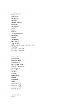 8. VillaHermosa
Villa Hermosa
La Mansión
San Miguel
La Ladera
Batallón Girardot
Llanaditas
Los Mangos
Enciso
Sucre
El Pinal
Trece de Noviembre
La Libertad
Villatina
San Antonio
Las Estancias
Villa Turbay
La Sierra (Santa Lucía - Las Estancias)
Villa Lilliam
Esfuerzos de Paz N°1
Esfuerzos de Paz N°2
9. Buenos Aires
Juan Pablo II
Barrios de Jesús
Bomboná Nº 2
Los Cerros El Vergel
Alejandro Echevarria
Barrio Caicedo
Buenos Aires
Miraflores
Cataluña
La Milagrosa
Gerona
El Salvador
Loreto
Asomadera Nº 1
Asomadera Nº 2
Asomadera Nº 3
Ocho de Marzo
10. LaCandelaria
Prado
 