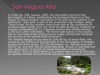  .
 In Order No. 048, August, 1993, the Honorable Council of the
Municipality of Caldas, establishing the Ecological Reserve of San
Miguel for the ecological importance of the area as he explains in his
statement: "This book is part of the ecosystem high Andean called
"cloud forest" for its constant cloud cover and by the confluence of
moisture-laden winds, from the north of Valle de Aburrá. Presents an
average temperature of 14.5 degrees Celsius and rainfall between
2,500 and 3,600 millimeters. This forest type scarce in the country,
has an own biodiversity and numerous water sources that facilitate
the survival of the species that comprise it. "
 The Wildlife Refuge has an area of ​​1358.46 ha, of which 60%. Are
owned by the Ministry of Environment of the Municipality of Medellin,
divided into three zones: 372.79 reservation ha., Refugio area with
565.67 ha. And with 420 ha wilderness area. Access is restricted and
only allows entry of groups of researchers and environmental
education. This is a place which is to protect natural and all activities
are geared towards environmental education and research ecosystem.
 