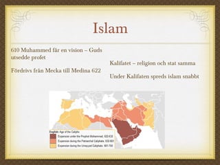 Islam
610 Muhammed får en vision – Guds
utsedde profet
Fördrivs från Mecka till Medina 622
Kalifatet – religion och stat samma
Under Kalifaten spreds islam snabbt
 