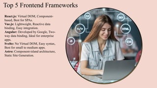Top 5 Frontend Frameworks
React.js: Virtual DOM, Component-
based, Best for SPAs.
Vue.js: Lightweight, Reactive data
binding, Easy integration.
Angular: Developed by Google, Two-
way data binding, Ideal for enterprise
apps.
Svelte: No Virtual DOM, Easy syntax,
Best for small to medium apps.
Astro: Component-island architecture,
Static Site Generation.
 