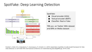 SpotFake: Deep Learning Detection
SpotFake:
● Visual encoder (VGG)
● Textual encoder (BERT)
● Classifier: Real or Fake
78% acc. on Twitter VMU dataset
and 89% on Weibo dataset
Singhal, S., Shah, R. R., Chakraborty, T., Kumaraguru, P., & Satoh, S. I. (2019, September). Spotfake: A multi-modal framework for fake
news detection. In 2019 IEEE fifth international conference on multimedia big data (BigMM) (pp. 39-47). IEEE.
 