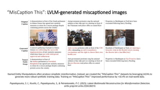 Named Entity Manipulations often produce simplistic misinformation. Instead, we created the “MisCaption This!” datasets by leveraging LVLMs to
generate more robust synthetic training data. Training on “MisCaption This!” improved performance by +10.4% on real-world data.
“MisCaption This”: LVLM-generated miscaptioned images
Papadopoulos, S. I., Koutlis, C., Papadopoulos, S., & Petrantonakis, P. C. (2025). Latent Multimodal Reconstruction for Misinformation Detection.
arXiv preprint arXiv:2504.06010.
 