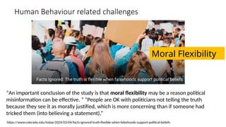 Human Behaviour related challenges
“An important conclusion of the study is that moral flexibility may be a reason political
misinformation can be effective. ” “People are OK with politicians not telling the truth
because they see it as morally justified, which is more concerning than if someone had
tricked them (into believing a statement),”
Moral Flexibility
https://www.colorado.edu/today/2024/03/04/facts-ignored-truth-flexible-when-falsehoods-support-political-beliefs
 