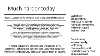 Much harder today
A single adversary can operate thousands of AI
personas, scheduling content and updating narrative
frames instantaneously across an entire fleet of agents.
Swarms of
collaborative,
malicious AI agents
fusing LLM reasoning
with multi-agent
architectures
Coordinating
autonomously,
infiltrating
communities, and
fabricating consensus
at minimal cost
 