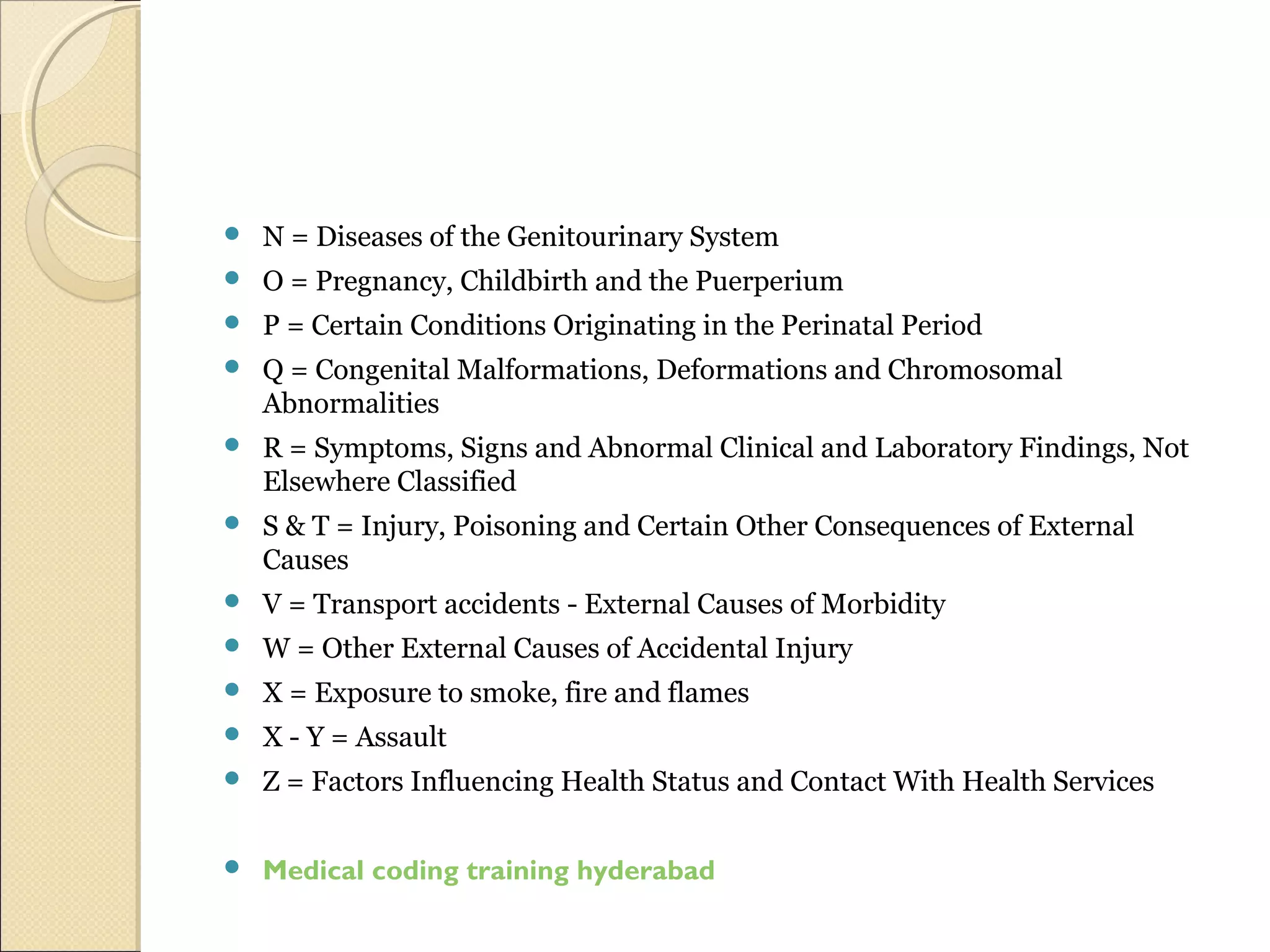  N = Diseases of the Genitourinary System
 O = Pregnancy, Childbirth and the Puerperium
 P = Certain Conditions Originating in the Perinatal Period
 Q = Congenital Malformations, Deformations and Chromosomal
Abnormalities
 R = Symptoms, Signs and Abnormal Clinical and Laboratory Findings, Not
Elsewhere Classified
 S & T = Injury, Poisoning and Certain Other Consequences of External
Causes
 V = Transport accidents - External Causes of Morbidity
 W = Other External Causes of Accidental Injury
 X = Exposure to smoke, fire and flames
 X - Y = Assault
 Z = Factors Influencing Health Status and Contact With Health Services
 Medical coding training hyderabad
 