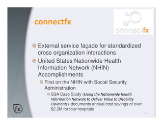 connectfx

External service façade for standardized
cross organization interactions
United States Nationwide Health
Information Network (NHIN)
Accomplishments
  First on the NHIN with Social Security
  Administration
     SSA Case Study (Using the Nationwide Health
     Information Network to Deliver Value to Disability
     Claimants) documents annual cost savings of over
     $2.2M for four hospitals
                                                          11
 