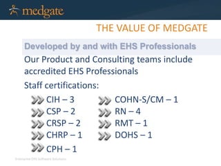 Developed by and with EHS Professionals 
Enterprise EHS Software Solutions 
THE VALUE OF MEDGATE 
Our Product and Consulting teams include 
accredited EHS Professionals 
Staff certifications: 
CIH – 3 COHN-S/CM – 1 
CSP – 2 RN – 4 
CRSP – 2 RMT – 1 
CHRP – 1 DOHS – 1 
CPH – 1 
 