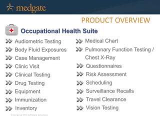 Enterprise EHS Software Solutions 
PRODUCT OVERVIEW 
Occupational Health Suite 
Audiometric Testing 
Body Fluid Exposures 
Case Management 
Clinic Visit 
Clinical Testing 
Drug Testing 
Equipment 
Immunization 
Medical Chart 
Pulmonary Function Testing / 
Chest X-Ray 
Questionnaires 
Risk Assessment 
Scheduling 
Surveillance Recalls 
Travel Clearance 
Inventory Vision Testing 
 