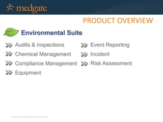 Enterprise EHS Software Solutions 
PRODUCT OVERVIEW 
Environmental Suite 
Audits & Inspections 
Chemical Management 
Compliance Management 
Equipment 
Event Reporting 
Incident 
Risk Assessment 
 