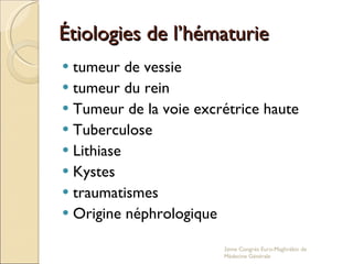 Étiologies de l’hématurie tumeur de vessie tumeur du rein Tumeur de la voie excrétrice haute Tuberculose Lithiase Kystes traumatismes Origine néphrologique 2eme Congrés Euro-Maghrébin de Médecine Générale 
