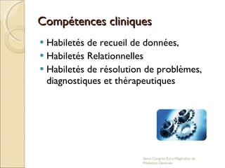 Compétences cliniques  Habiletés de recueil de données, Habiletés Relationnelles Habiletés de résolution de problèmes, diagnostiques et thérapeutiques 2eme Congrés Euro-Maghrébin de Médecine Générale 