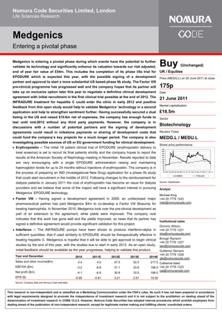 Nomura Code Securities Limited, London
   Life Sciences Research



   Medgenics
   Entering a pivotal phase

   Medgenics is entering a pivotal phase during which events have the potential to further
   validate its technology and significantly enhance its valuation towards our risk adjusted,                  Buy                        (Unchanged)
   end of year fair value of £54m. This includes the completion of its phase I/IIa trial for                   UK / Equities
   EPODURE which is expected this year, with the possible signing of a development                             Price (MEDG.L) on 20 June 2011 at close
   partner and approval to start a more substantial US based phase IIb study. The Factor VIII
   pre-clinical programme has progressed well and the company hopes that its partner will                      175p
   take up an exclusive option later this year to negotiate a definitive clinical development                  Date
   agreement with initial recruitment in the first clinical trial possible at the end of 2012. The
                                                                                                               21 June 2011
   INFRADURE treatment for hepatitis C could enter the clinic in early 2012 and positive
                                                                                                               Market capitalisation
   feedback from this open study would help to validate Medgenics’’ technology in a second
   application and help to strengthen sentiment further. Having successfully secured a dual                    £18.5m
   listing in the US and raised $10.6m net of expenses, the company has enough funds to                        Sector
   last until mid-2012 without any third party payments. However, the company is in
                                                                                                               Biotechnology
   discussions with a number of potential partners and the signing of development
   agreements could result in milestone payments or sharing of development costs that                          Reuters Ticker
   could fund the company’’s key projects for a much longer period. The company is also                        MEDG.L / MEDU.L
   investigating possible sources of US or EU government funding for clinical development.
                                                                                                               Share price performance
     Erythropoietin –– The initial 18 patient clinical trial of EPODURE (erythropoietin delivery to              250

      treat anaemia) is set to recruit its final patients shortly and the company hopes to report the
                                                                                                                 230
                                                                                                                 210
                                                                                                                 190
      results at the American Society of Nephrology meeting in November. Results reported to date                170
                                                                                                                 150

      are very encouraging with a single EPODURE administration raising and maintaining                          130
                                                                                                                 110
                                                                                                                  90
      haemoglobin levels for up to 24 months without injections of erythropoietin. The company is in              70
                                                                                                                  50

      the process of preparing an IND (Investigational New Drug) application for a phase IIb study                Jun-09 Se p-09 De c-09 M ar -10 Jun-10 Se p-10 De c-10 M ar -11 Jun-11


                                                                                                                                      MEDG                       FTALLSH
      that could start recruitment in the middle of 2012. Following changes to the reimbursement for
      dialysis patients in January 2011 the cost of erythropoietin has become an issue for dialysis            Source: DataStream

      providers and we believe that some of the majors will have a significant interest in pursuing            Analyst
      Medgenics’’ EPODURE technology.
                                                                                                               Michael King
      Factor VIII - Having signed a development agreement in 2009, an undisclosed major                        +44 20 7776 1243
      pharmaceutical partner has paid Medgenics $4m to co-develop a Factor VIII Biopump for                    mek@nomuracode.com

      treating haemophilia. In November 2010, Medgenics took over the pre-clinical development as
      part of an extension to the agreement, while yields were improved. The company now
      indicates that this work has gone well and the yields improved, so news that its partner has
                                                                                                               Institutional sales
      signed a definitive agreement would provide significant validation for this project.
                                                                                                               Dominic Wilson
      Interferon –– The INFRADURE pumps have been shown to produce interferon-alpha in                         +44 20 7776 1221
      sufficient quantities, that if used similarly to EPODURE should be therapeutically effective in          drw@nomuracode.com

      treating hepatitis C. Medgenics is hopeful that it will be able to get approval to begin clinical        Brough Ransom
                                                                                                               +44 20 7776 1227
      studies by the end of this year, with the studies due to start in early 2012. As an open study,          wbr@nomuracode.com
      initial feedback should be available as the year progresses, helping to validate this product.         Guillermo Serrano
                                                                                                             +44 20 7776 1228
     Year end December                                2010    2011E        2012E         2013E        2014E
                                                                                                             gfs@nomuracode.com
     Sales and other income($m)                        4.4      4.0          47.5          52.5        217.5 Catherine Isted
     EBITDA ($m)                                       -3.2     -6.8         31.1          33.8        198.4 +44 20 7776 1223
     Net profit ($m)                                                                                         cai@nomuracode.com
                                                       -4.1     -6.9         30.9          33.5        198.0
     EPS ($)                                          -0.95    -0.81         3.21          2.61        15.00
     Source: Company data and Nomura Code estimates



This research is non-independent and is classified as a Marketing Communication under the FSA’’s rules. As such it has not been prepared in accordance
with legal requirements designed to promote the independence of investment research and it is not subject to the prohibition on dealing ahead of the
dissemination of investment research in COBS 12.2.5. However, Nomura Code Securities has adopted internal procedures which prohibit employees from
dealing ahead of the publication of non-independent research, except for legitimate market making and fulfilling clients’’ unsolicited orders.
 