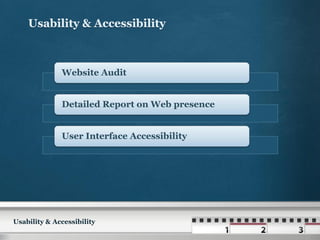 Website Audit


              Detailed Report on Web presence


              User Interface Accessibility




Usability & Accessibility
 