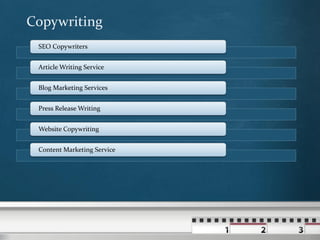 Copywriting
 SEO Copywriters


 Article Writing Service


 Blog Marketing Services


 Press Release Writing


 Website Copywriting


 Content Marketing Service
 