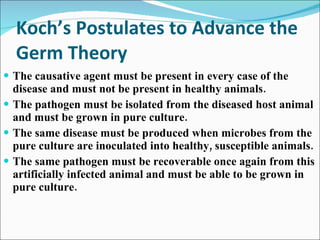 Koch’s Postulates to Advance the Germ Theory The causative agent must be present in every case of the disease and must not be present in healthy animals. The pathogen must be isolated from the diseased host animal and must be grown in pure culture. The same disease must be produced when microbes from the pure culture are inoculated into healthy, susceptible animals. The same pathogen must be recoverable once again from this artificially infected animal and must be able to be grown in pure culture.  