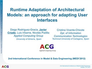 1




                                                                                        Runtime Adaptation of Architectural
Runtime Adaptation of Architectural Models: an approach for adapting User Interfaces




                                                                                       Models: an approach for adapting User
                                                                                                    Interfaces

                                                                                         Diego Rodríguez-Gracia, Javier                      Cristina Vicente-Chicote
                                                                                       Criado, Luis Iribarne, Nicolás Padilla                   Dpt. of Information
                                                                                            Applied Computing Group                        Communication Technologies
                                                                                              University of Almería, Spain              Technical University of Cartagena, Spain




                                                                                                                       Applied Computing Group




                                                                                       2nd International Conference in Model & Data Engineering (MEDI’2012)


                                                                                                                                                 2nd International Conference on Model & Data Engineering
                                                                                                                                                                                        October, 3-5, 2012
 