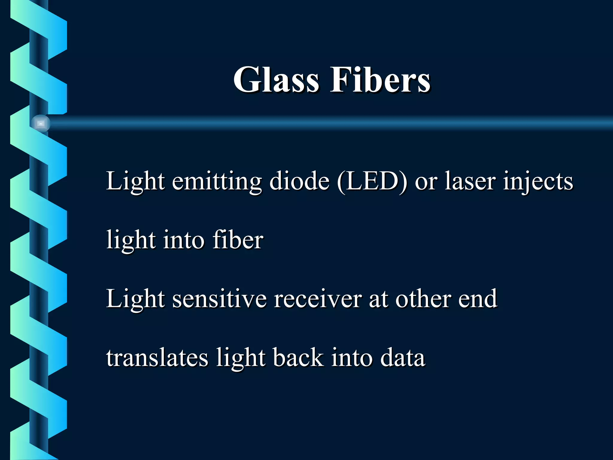 Glass FibersGlass Fibers
Light emitting diode (LED) or laser injectsLight emitting diode (LED) or laser injects
light into fiberlight into fiber
Light sensitive receiver at other endLight sensitive receiver at other end
translates light back into datatranslates light back into data
 