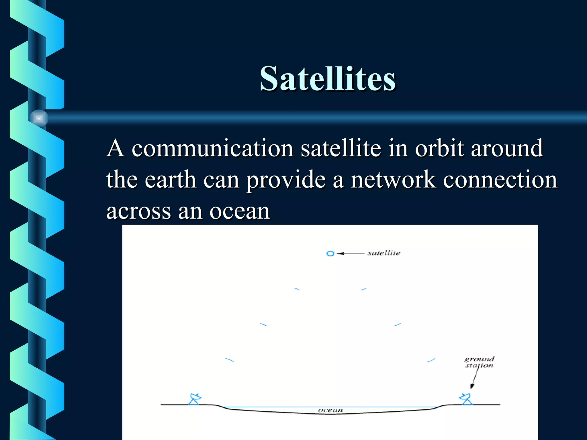 SatellitesSatellites
A communication satellite in orbit aroundA communication satellite in orbit around
the earth can provide a network connectionthe earth can provide a network connection
across an oceanacross an ocean
 