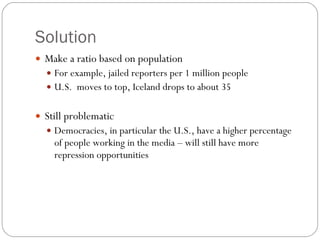 Solution Make a ratio based on population For example, jailed reporters per 1 million people  U.S.  moves to top, Iceland drops to about 35 Still problematic Democracies, in particular the U.S., have a higher percentage of people working in the media – will still have more repression opportunities 