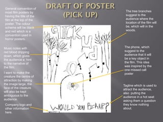 General convention of
most film posters by       The tree branches
having the title of the    suggest to the
film at the top of the     audience where the
poster. The colour         location of the film will
scheme will be black       be, which will in the
and red which is a         woods.
convention used in
horror posters.

Music notes with          The phone, which
red blood dripping        suggest to the
down, which gives         audience that it will
the audience a hint       be a key object in
to the narrative of       the film. This idea
the film.                 was inspired by the
                          one missed call
I want to make the        poster
creature the centre of
attraction by making
the image large, the      Tagline which is used to
face of the creature      attract the audience,
will also be kept         also putting the
ambiguous to the          audience in a hot seat
audience.                 asking them a question
Company logo and          they know nothing
other information         about.
here.
 