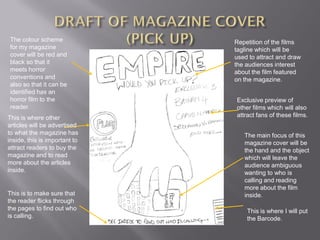 The colour scheme              Repetition of the films
for my magazine                tagline which will be
cover will be red and          used to attract and draw
black so that it               the audiences interest
meets horror                   about the film featured
conventions and                on the magazine.
also so that it can be
identified has an
horror film to the             Exclusive preview of
reader.                        other films which will also
This is where other            attract fans of these films.
articles will be advertised
to what the magazine has          The main focus of this
inside, this is important to      magazine cover will be
attract readers to buy the        the hand and the object
magazine and to read              which will leave the
more about the articles           audience ambiguous
inside.                           wanting to who is
                                  calling and reading
                                  more about the film
This is to make sure that         inside.
the reader flicks through
the pages to find out who          This is where I will put
is calling.                        the Barcode.
 