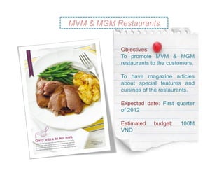 MVM & MGM Restaurants


            Objectives:
            To promote MVM & MGM
            restaurants to the customers.

            To have magazine articles
            about special features and
            cuisines of the restaurants.

            Expected date: First quarter
            of 2012

            Estimated   budget:    100M
            VND
 