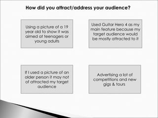 How did you attract/address your audience? Using a picture of a 19 year old to show it was aimed at teenagers or young adults Used Guitar Hero 4 as my main feature because my target audience would be mostly attracted to it If I used a picture of an older person it may not of attracted my target audience Advertising a lot of competitions and new gigs & tours  