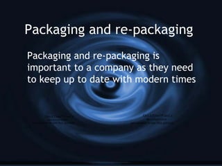 Packaging and re-packaging
Packaging and re-packaging is
important to a company as they need
to keep up to date with modern times
QuickTime™ and a
decompressor
are needed to see this picture.
QuickTime™ and a
decompressor
are needed to see this picture.
 