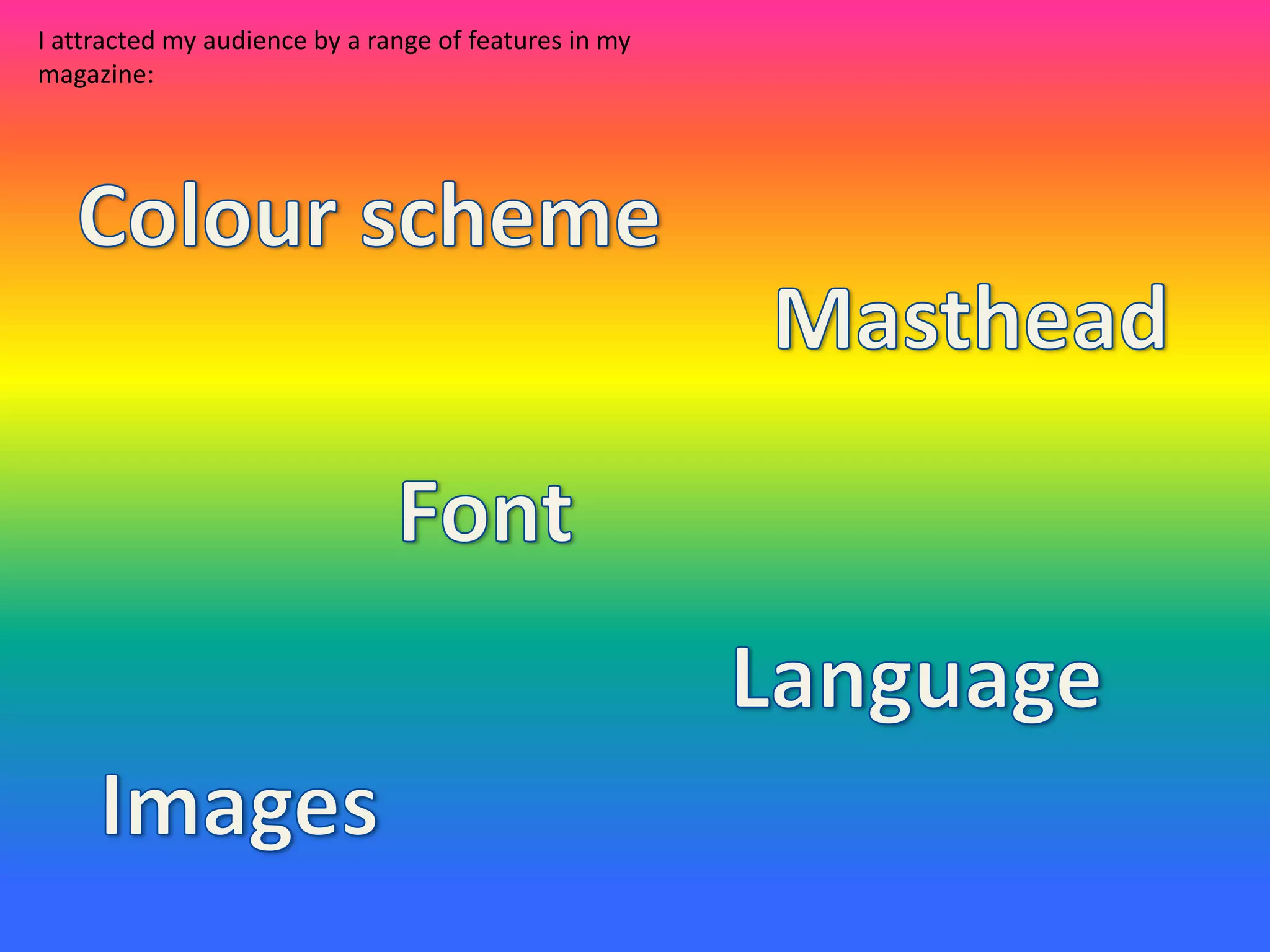 I attracted my audience by a range of features in my
magazine:
 